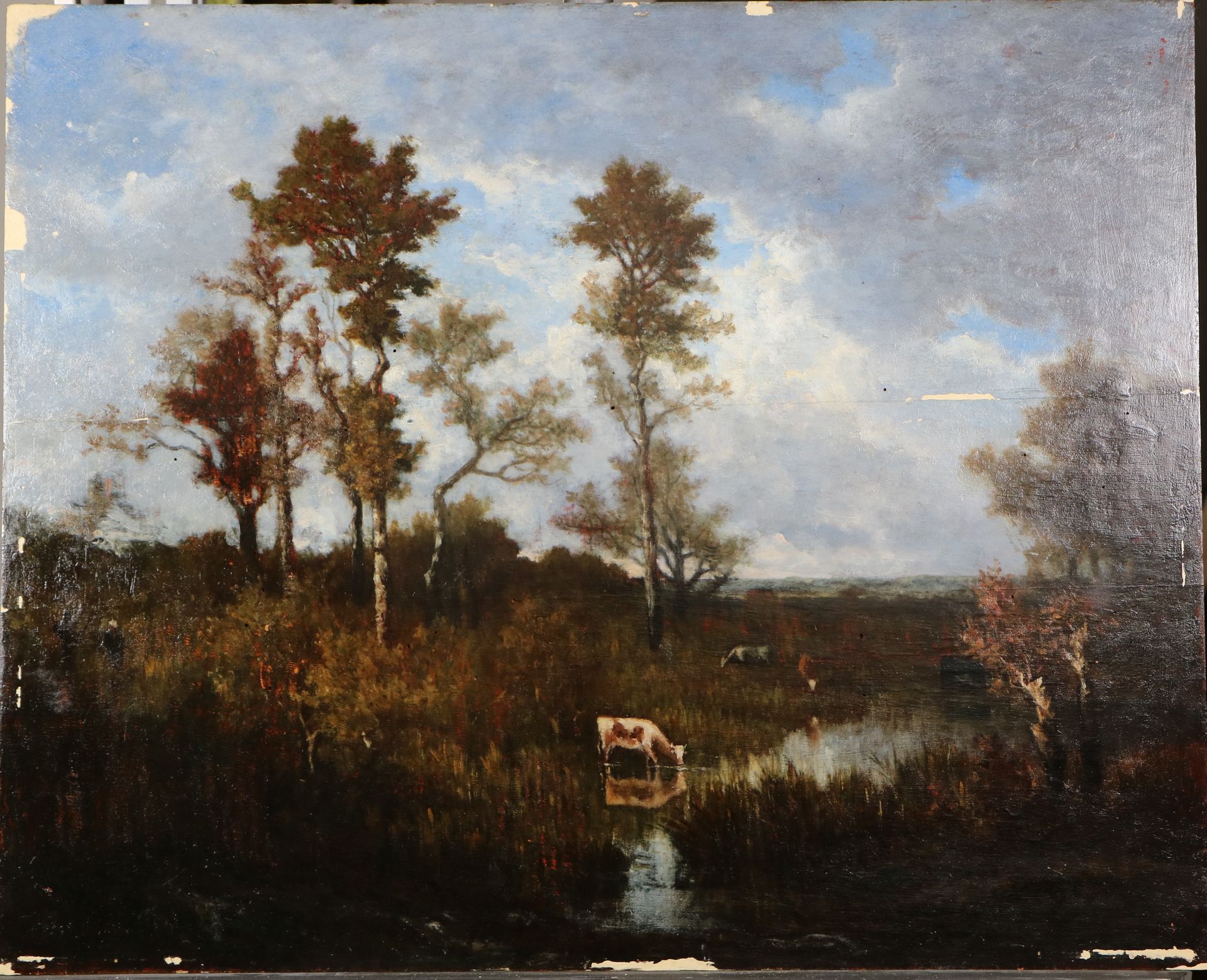 Tableau pendant la restauration : vache qui boit dans une rivière.