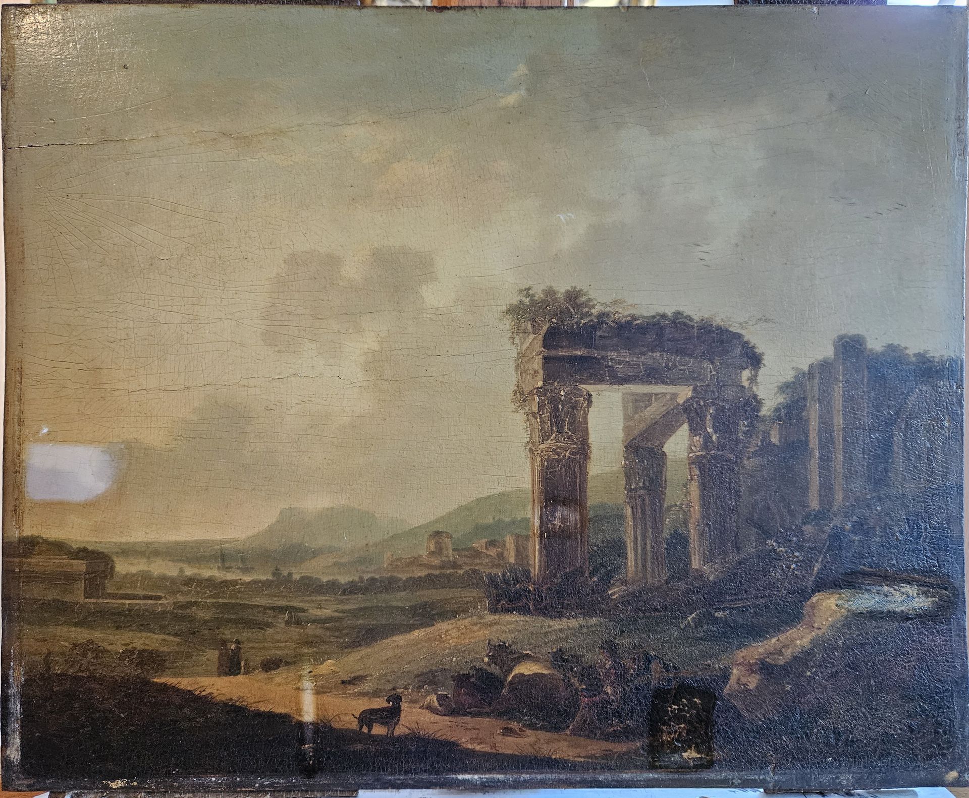 Tableau avant restauration : ruines d'un ancien temple grec.