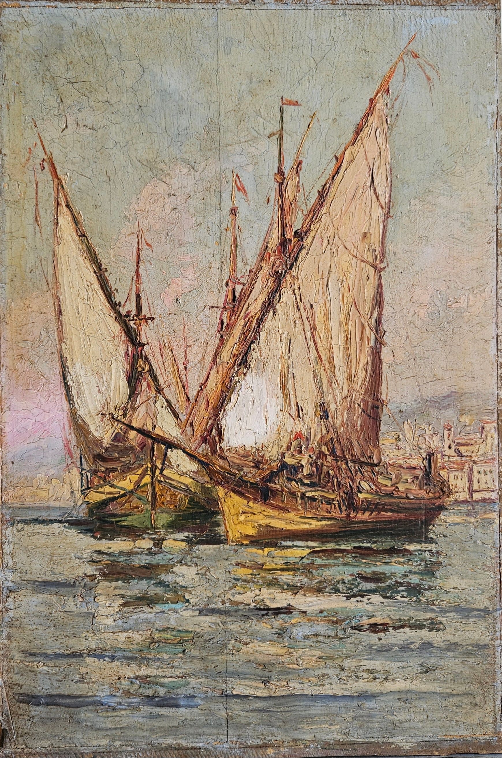 Tableau avant restauration : un voilier.