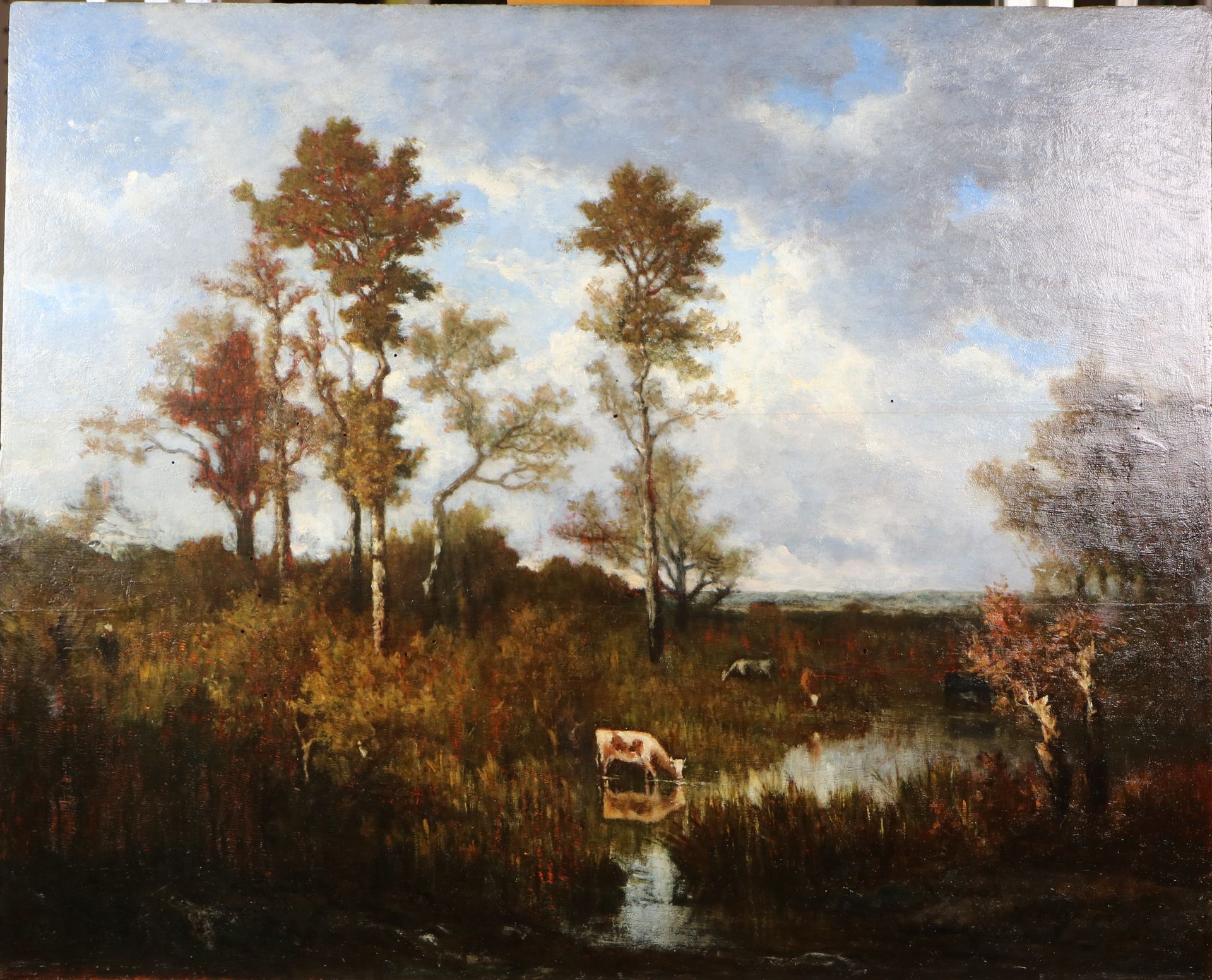 Tableau après restauration : vache qui boit dans une rivière.
