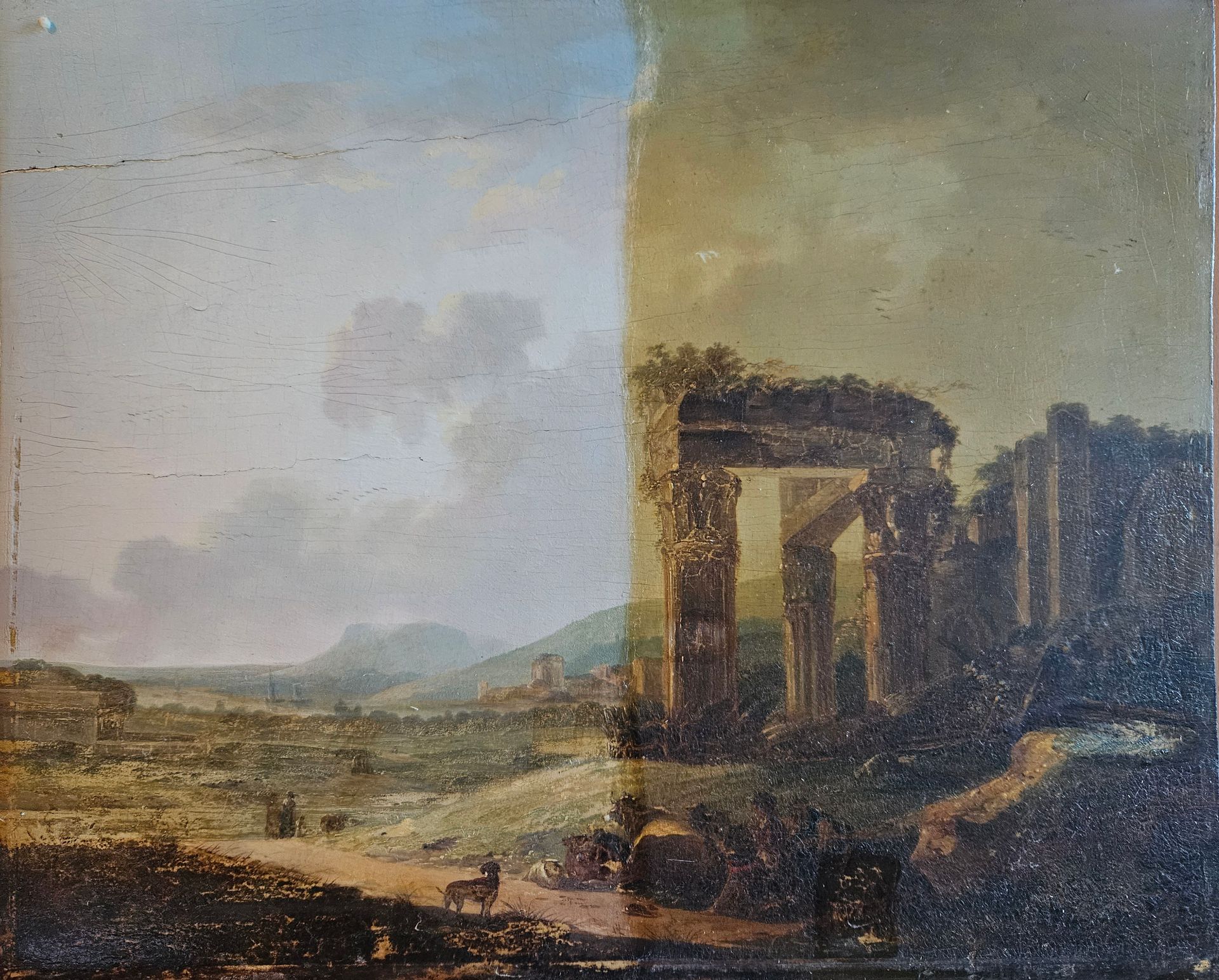 Tableau après restauration : ruines d'un ancien temple grec.