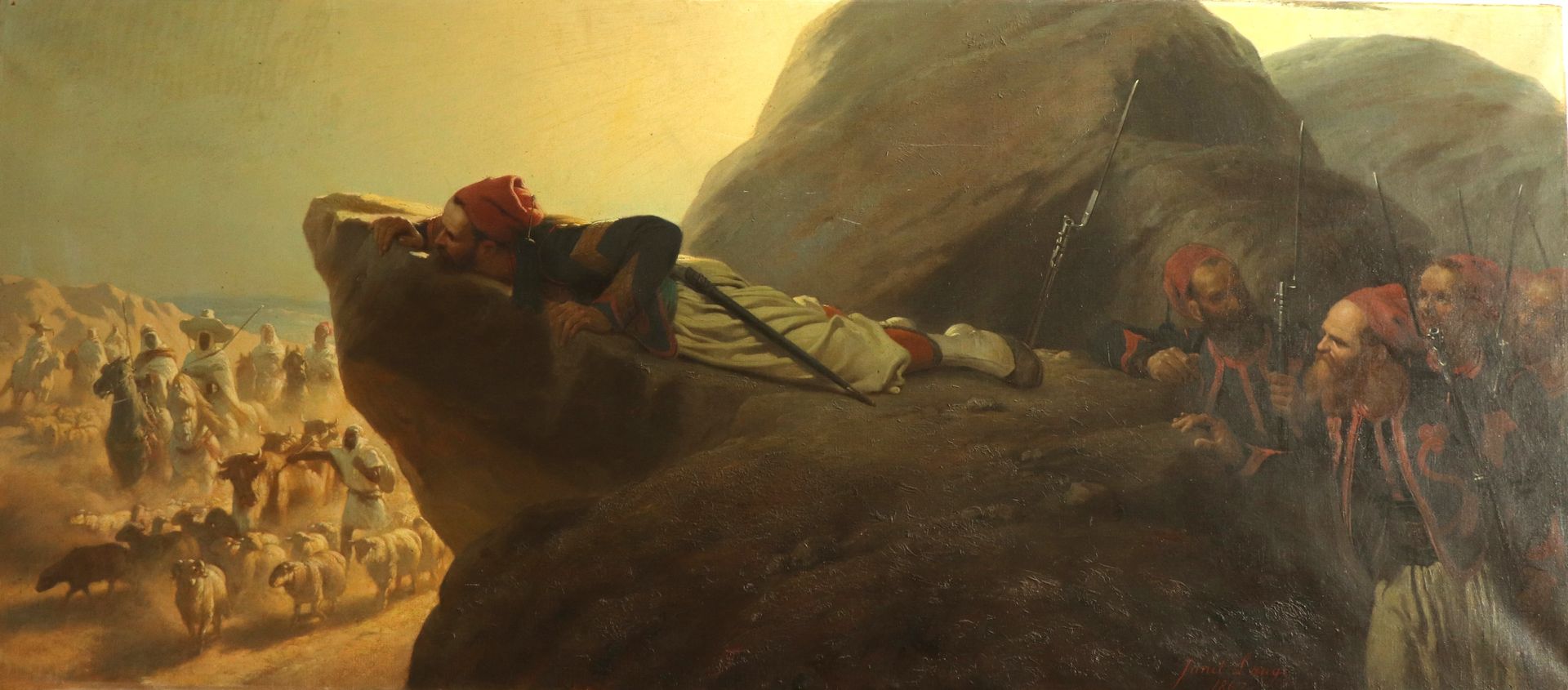 Tableau avant restauration : hommes armés cachés dans les rochers.