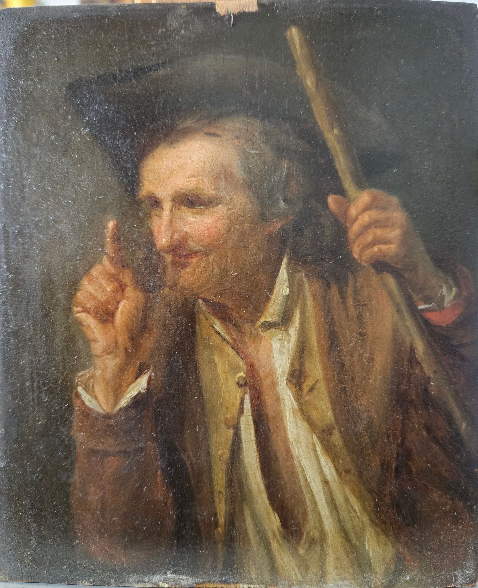 Tableau avant restauration : homme avec chapeau.