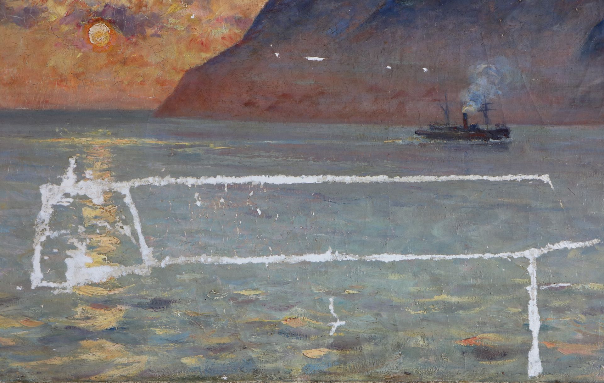 Tableau avant restauration : bateau à vapeur sur la mer.