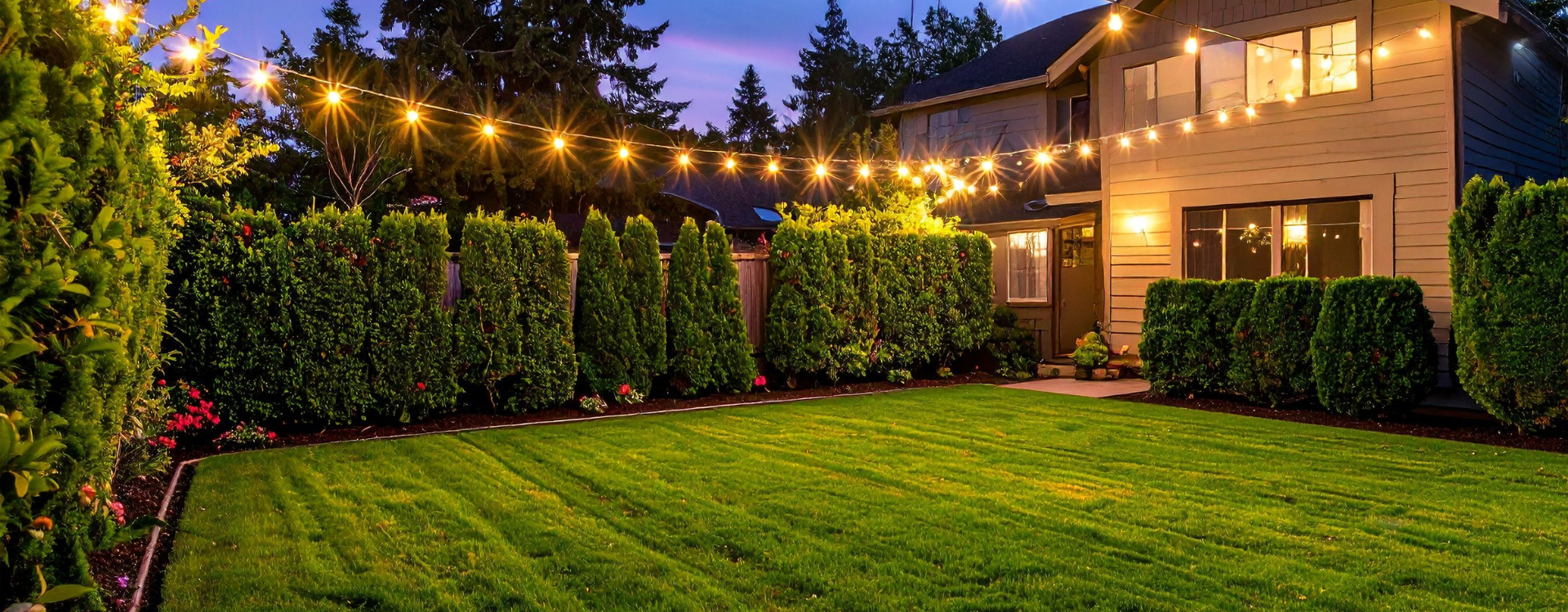 Un jardin au crépuscule, avec une pelouse bien entretenue, des haies taillées, des guirlandes lumineuses et une maison.