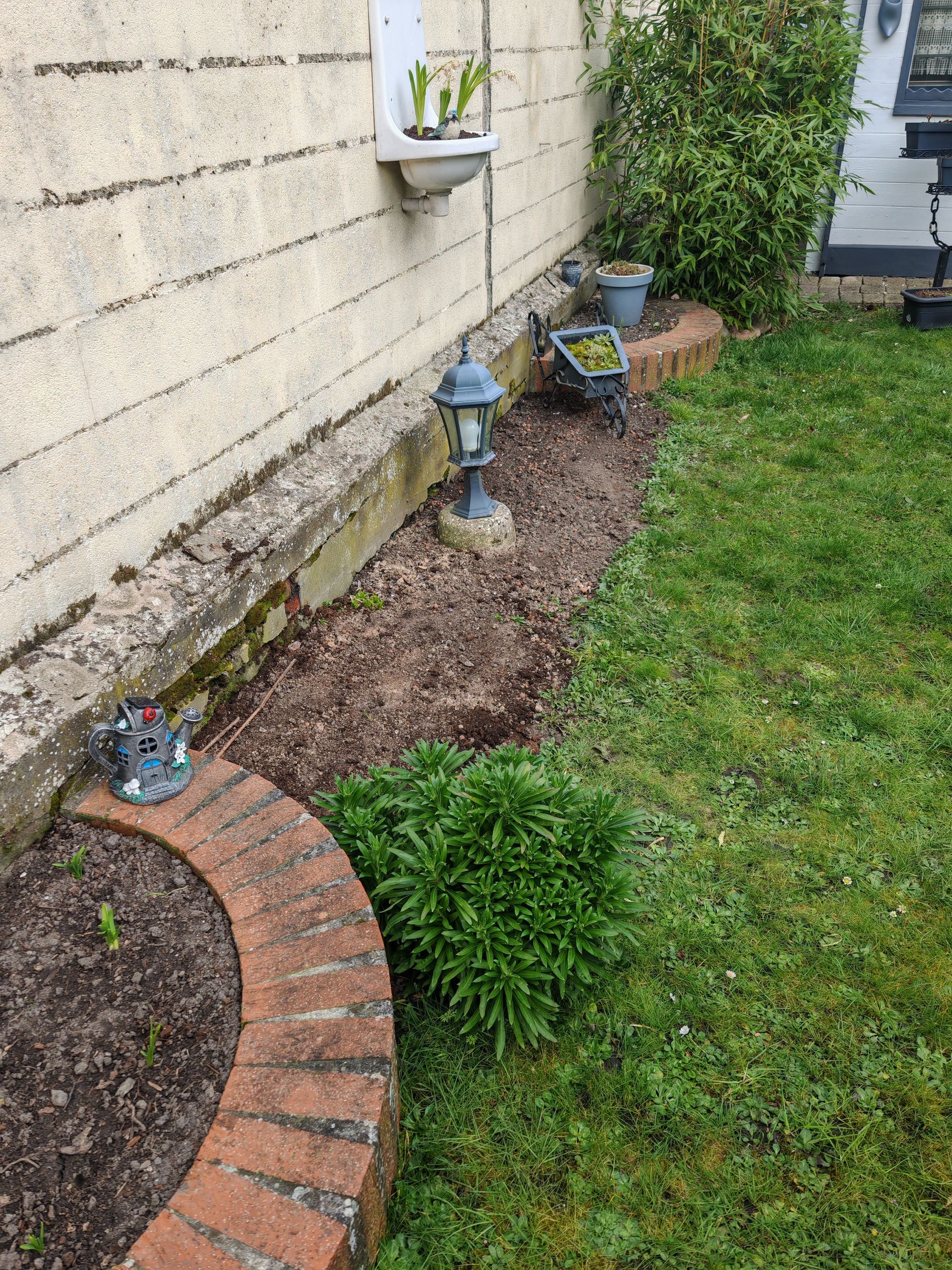 Grand arbre dénudé près d'un bâtiment en pierre avec une cheminée. Ciel bleu clair.