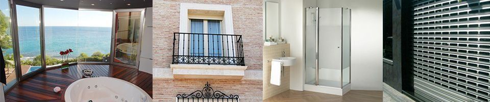 Un collage de tres imágenes muestra un dormitorio, un baño y un balcón con vista al océano.