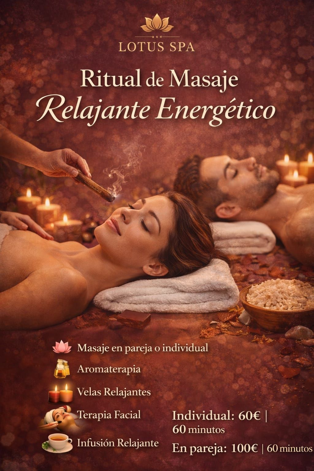 Anuncio de spa: Pareja disfrutando de un masaje con velas y aromaterapia. Incluye precios para sesiones individuales y de pareja.