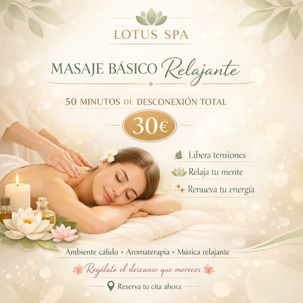 Anuncio de spa. Una mujer recibe un masaje de espalda. Texto: Masaje relajante básico, 30 €, 50 minutos. Características: libera tensiones, relaja la mente y renueva la energía.