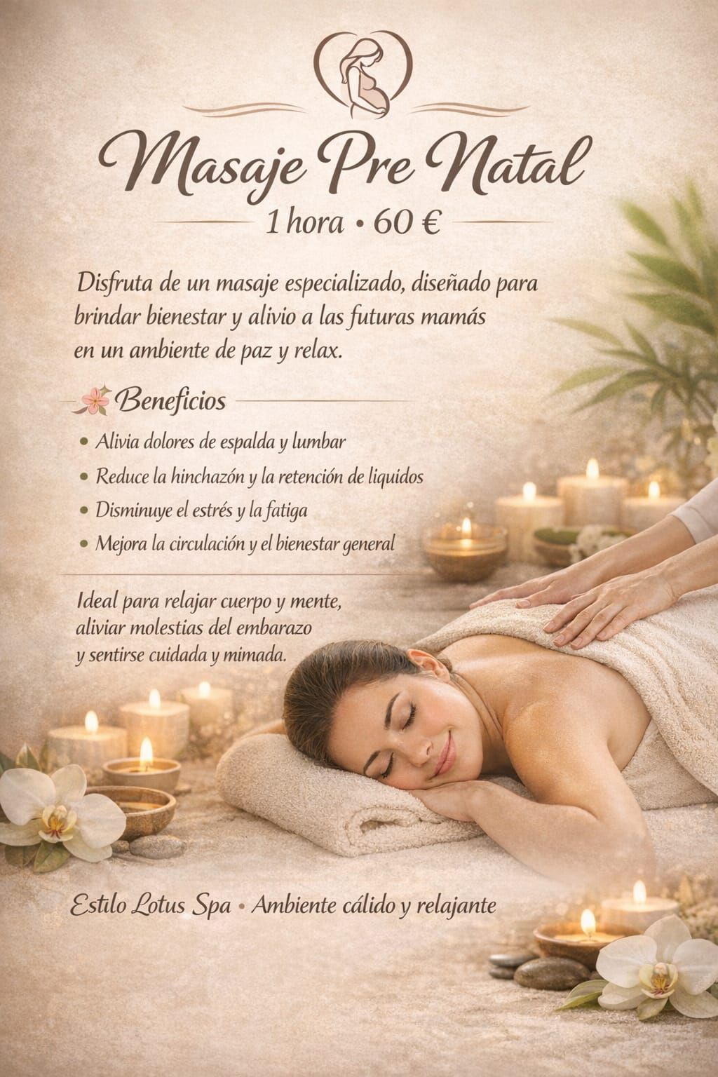 Anuncio de masaje prenatal: Mujer recibiendo masaje, velas y texto en español.