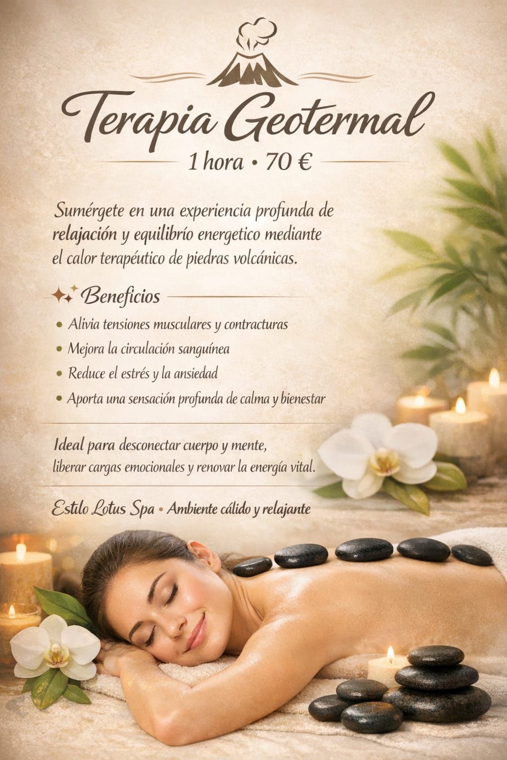 Publicidad de spa: Mujer recibiendo un masaje geotermal con piedras negras y velas; plantas verdes al fondo.