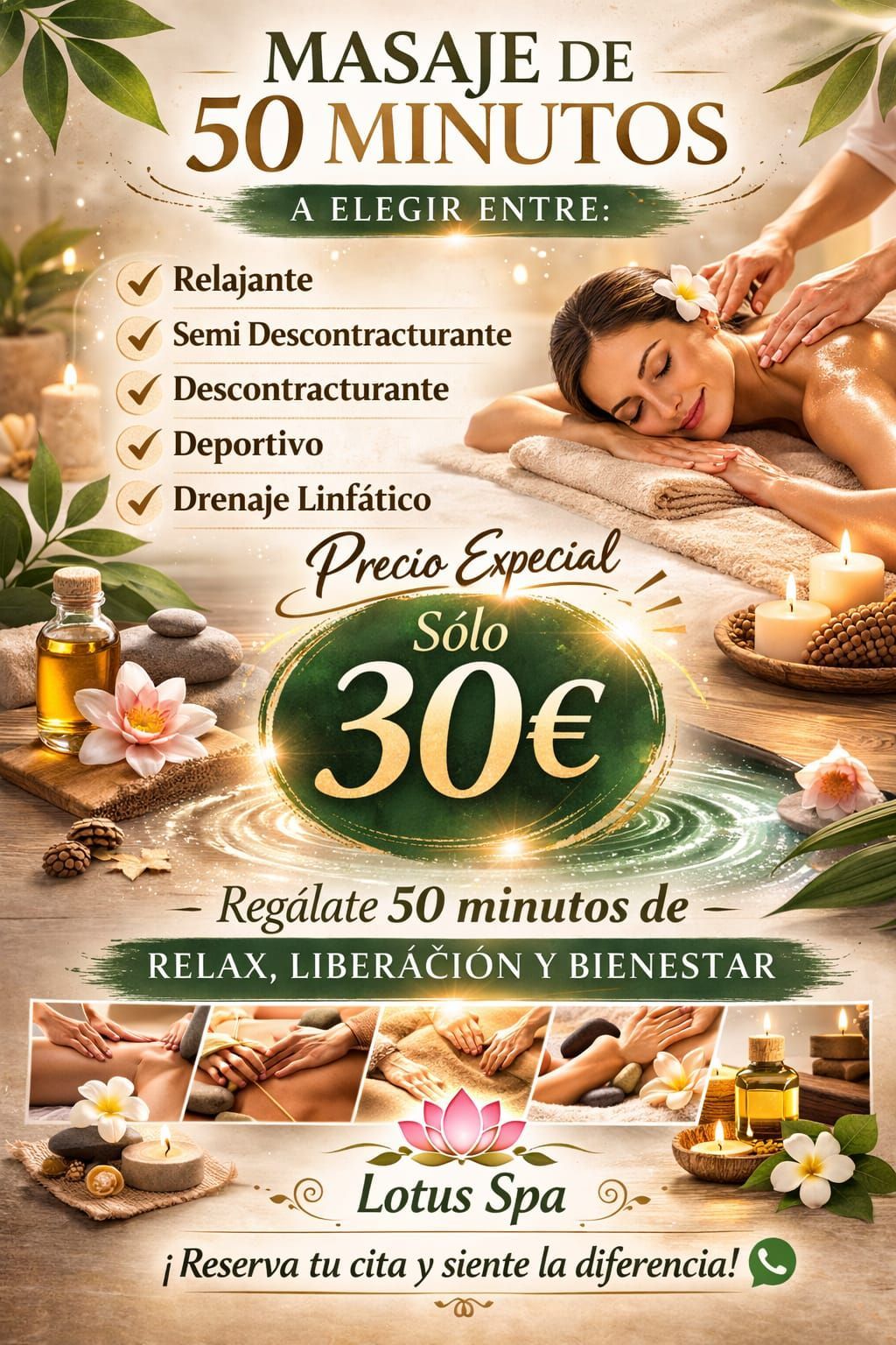 Anuncio de spa: Masajes de 50 minutos por 30 €. Mujer recibiendo masaje. Incluye masaje relajante, semidescontracturante y drenaje linfático.