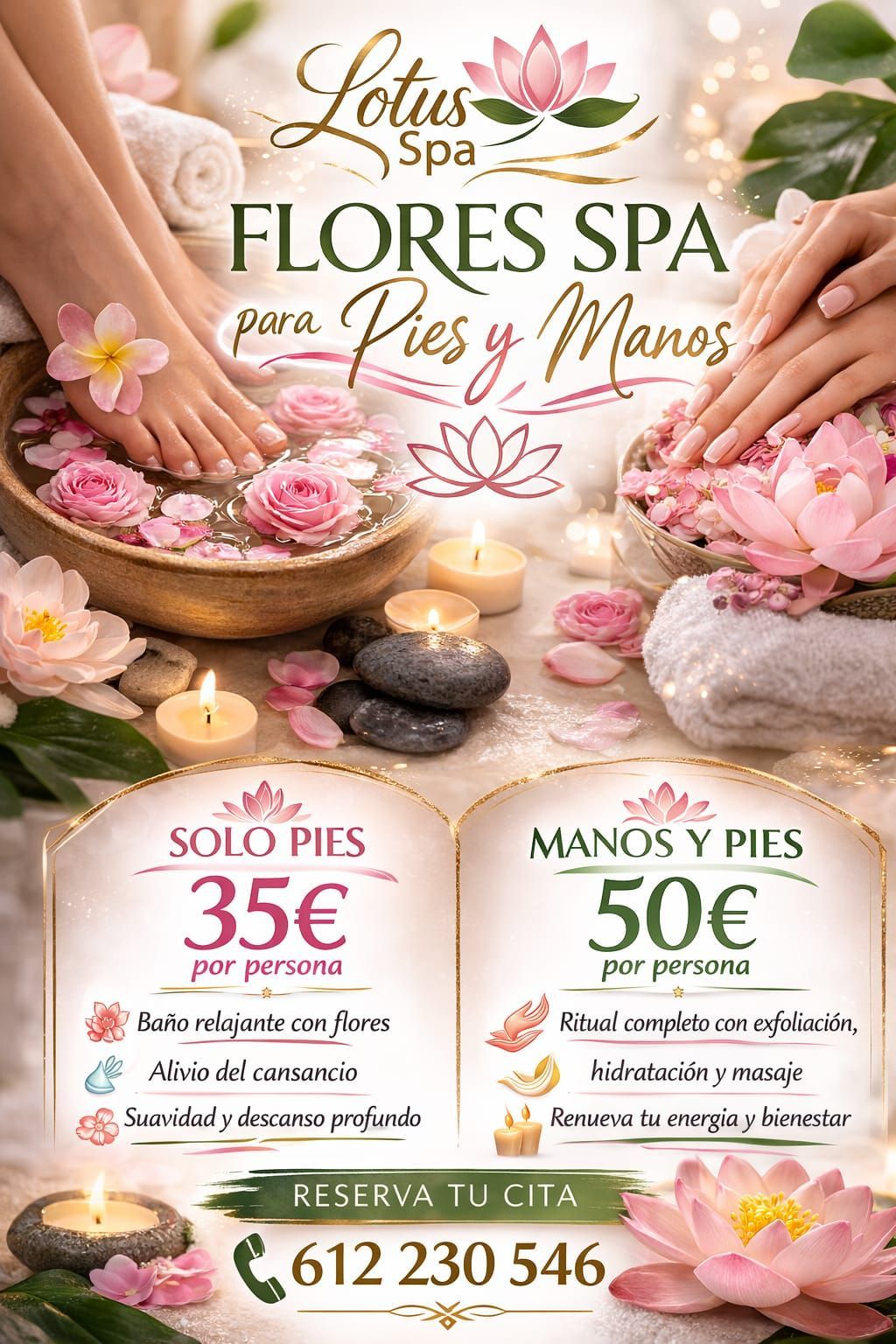 Anuncio de spa para tratamientos de pies y manos: flores de loto, precios indicados.