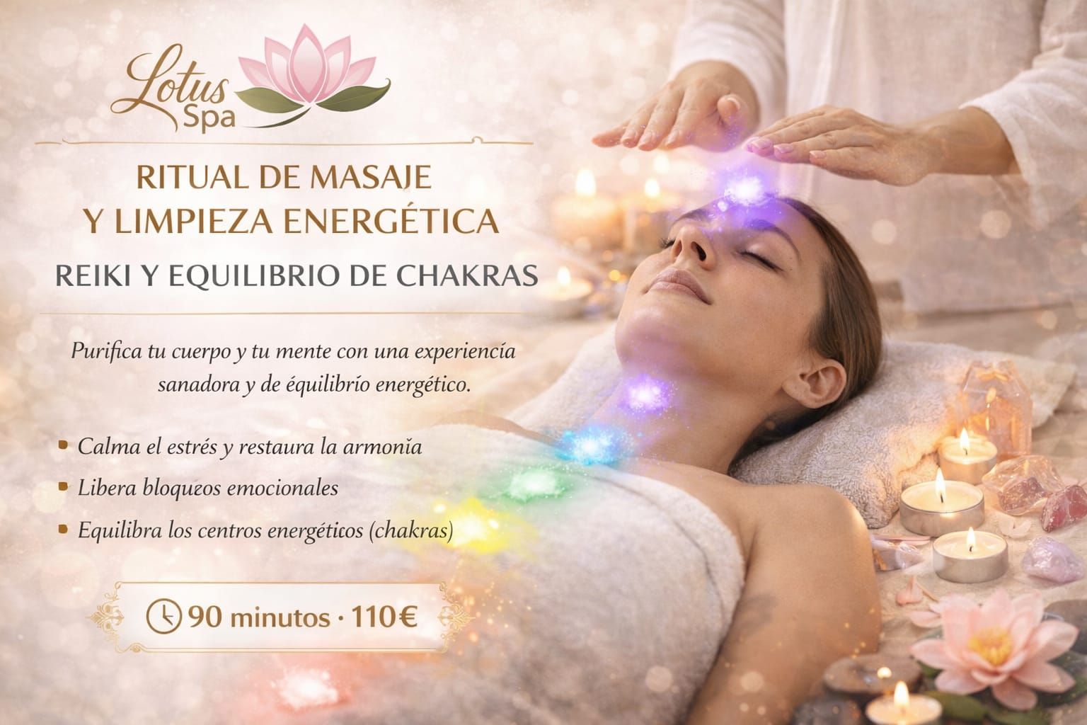 Anuncio de spa: Mujer recibiendo Reiki con los colores de los chakras. El texto dice: 