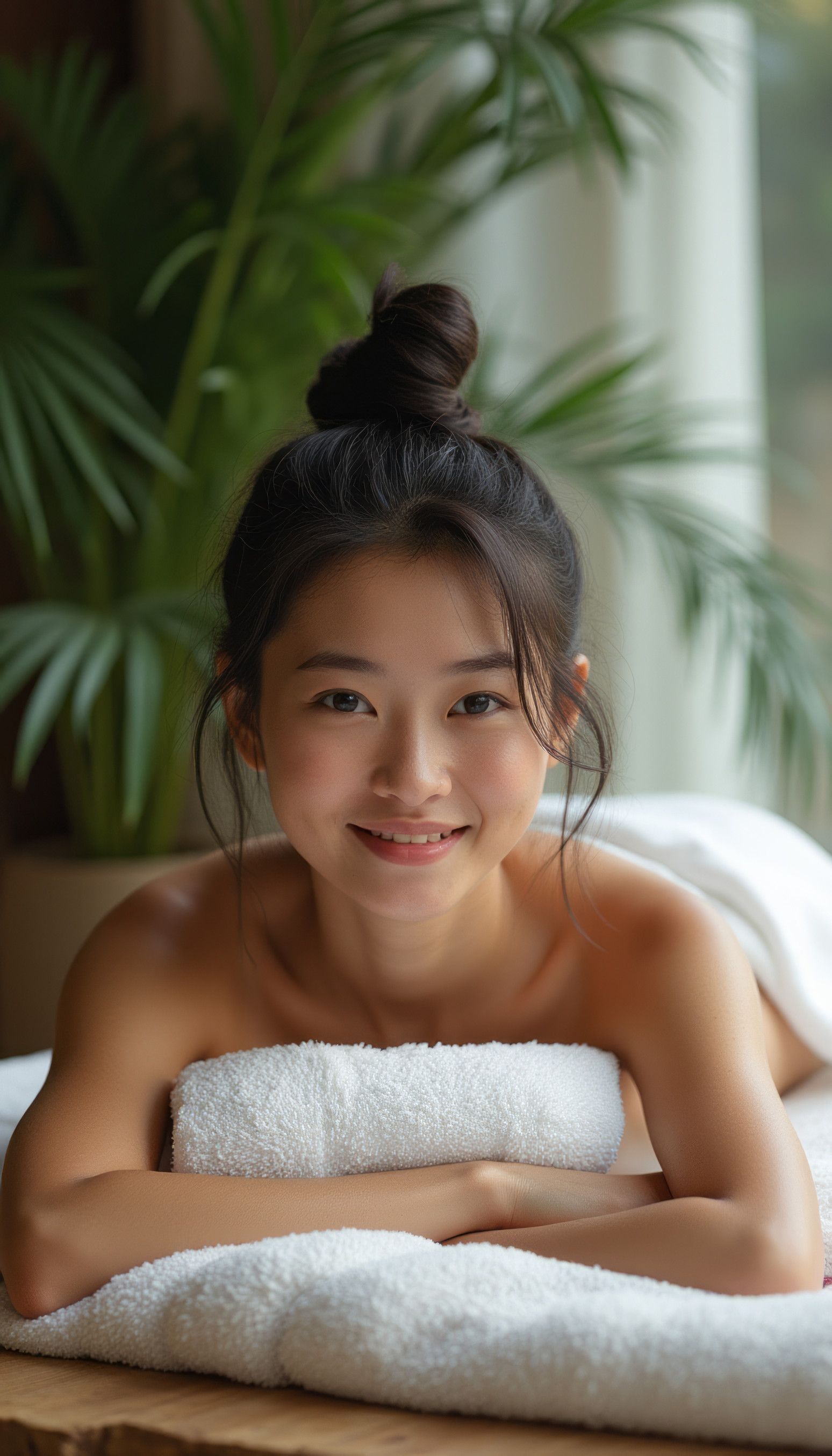 Mujer recostada en una camilla de masaje, sonriendo. Toalla blanca y plantas verdes de fondo.