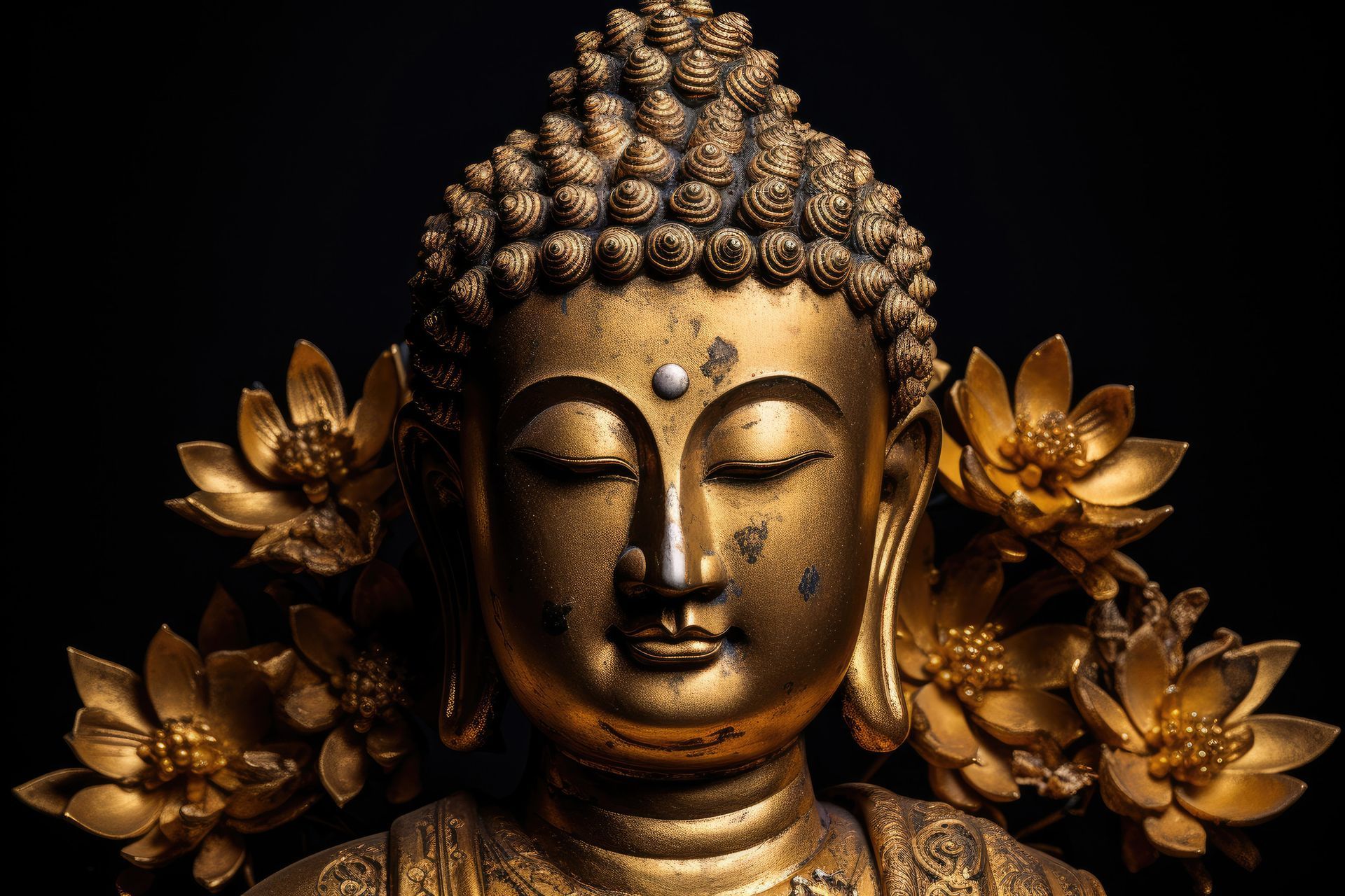 Estatua de Buda dorada con los ojos cerrados, rodeada de flores de loto doradas, sobre un fondo negro.