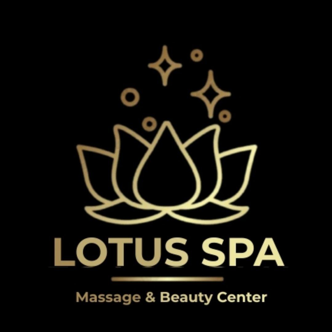 Logotipo de flor de loto dorada con texto "LOTUS SPA" y "Massage & Beauty Center" sobre fondo negro.