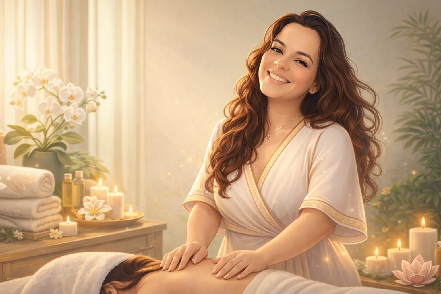 Mujer recostada en una camilla de masaje, sonriendo. Toalla blanca y plantas verdes de fondo.