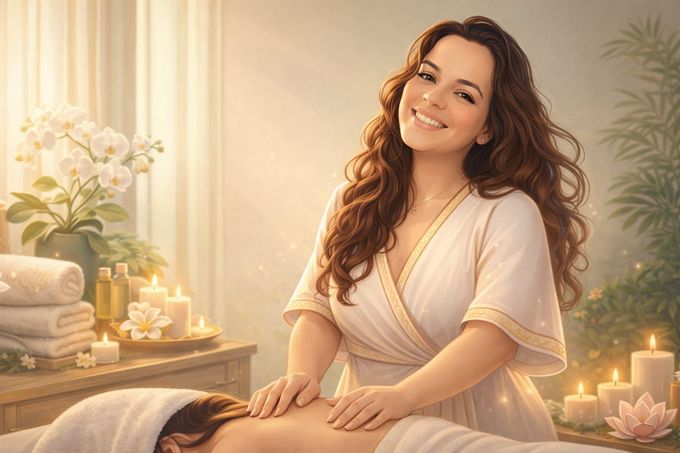 Mujer recostada en una camilla de masaje, sonriendo. Toalla blanca y plantas verdes de fondo.