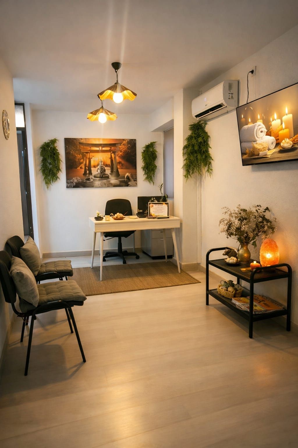 Área de espera con sillas, arte decorativo de pared y plantas.