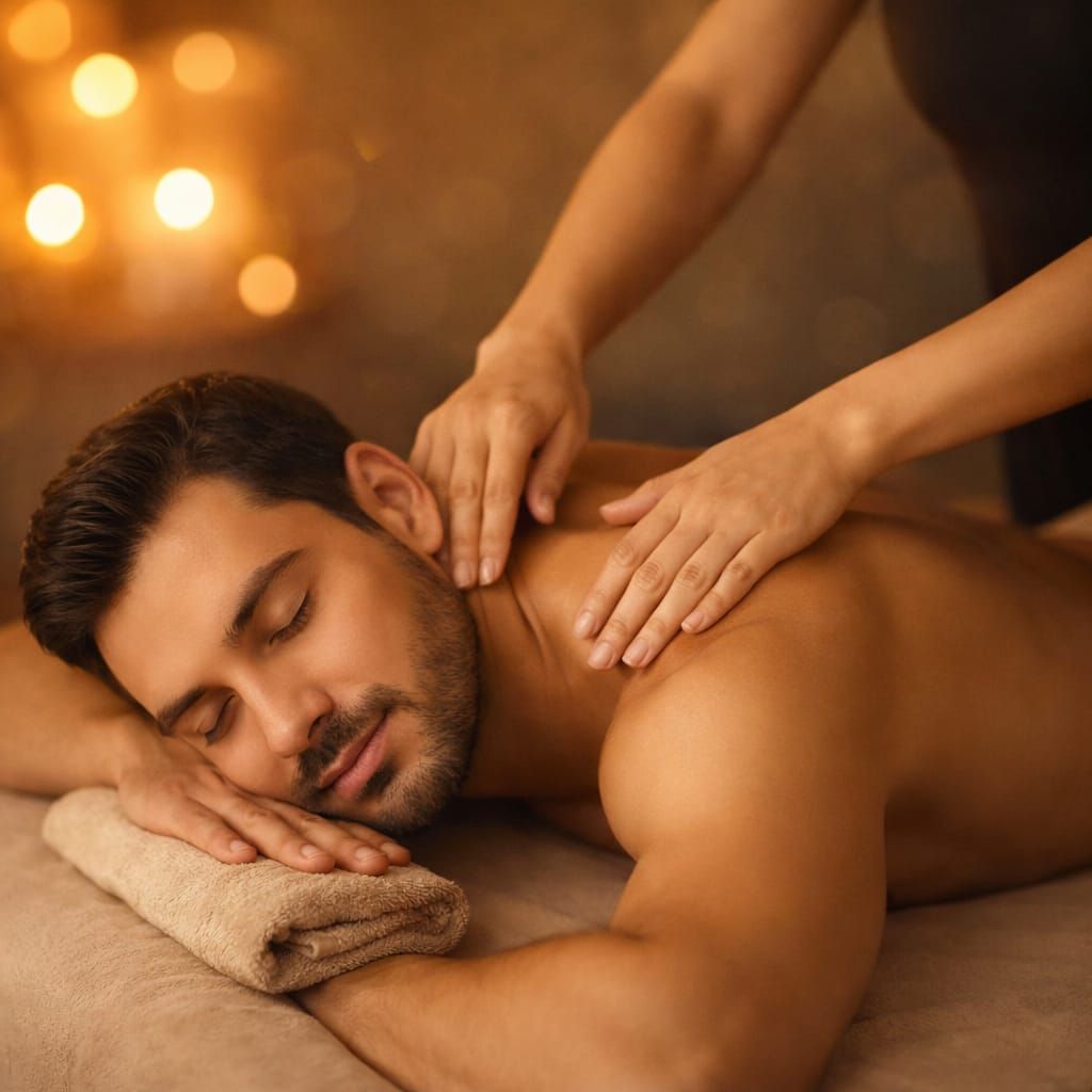Manos dando un masaje de espalda, aplicando presión en la zona lumbar sobre una mesa de masaje.