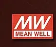 Un logotipo rojo y blanco para mw mean well sobre un fondo marrón.