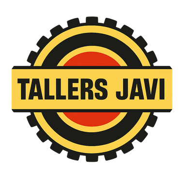 Logotipo de Tallers Javi, un taller mecánico. Tiene forma de engranaje con el nombre en un recuadro dorado en el centro.