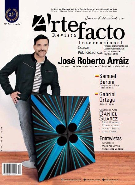 Portada de la revista Artefacto con el retrato de un hombre y una obra de arte en cerámica azul sobre un fondo blanco.