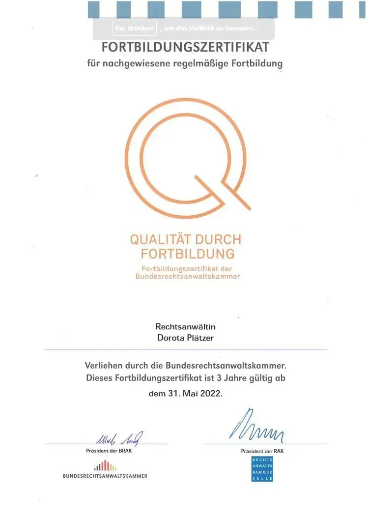 Rechtsanwältin Dorota Plätzer – Zertifikat