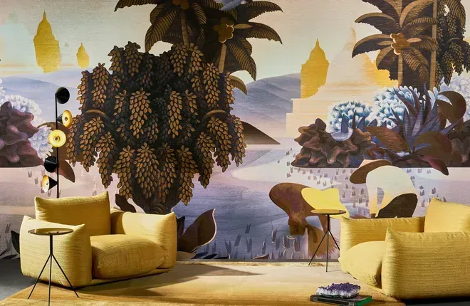 Eine großflächige, künstlerische Tapete mit einem asiatisch inspirierten Landschaftsmotiv