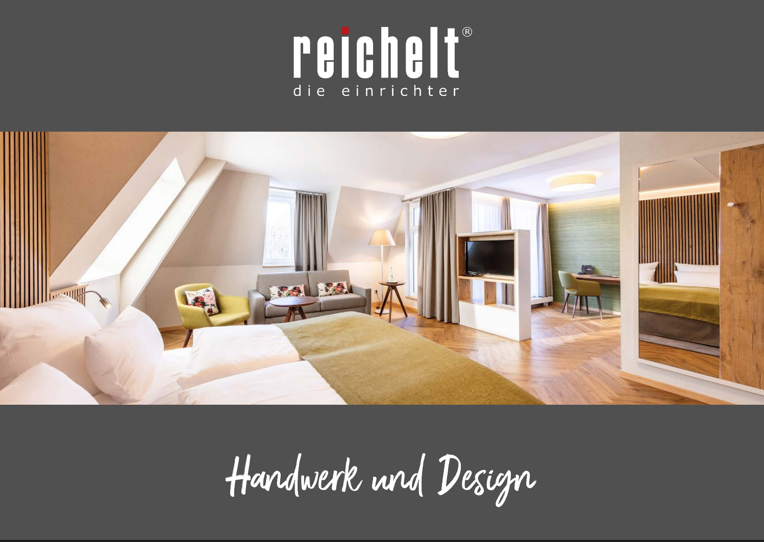 Titelbild eines Katalogs für Hotel-Interieur, das ein helles, modernes Hotelzimmer mit Blick ins Bad zeigt.