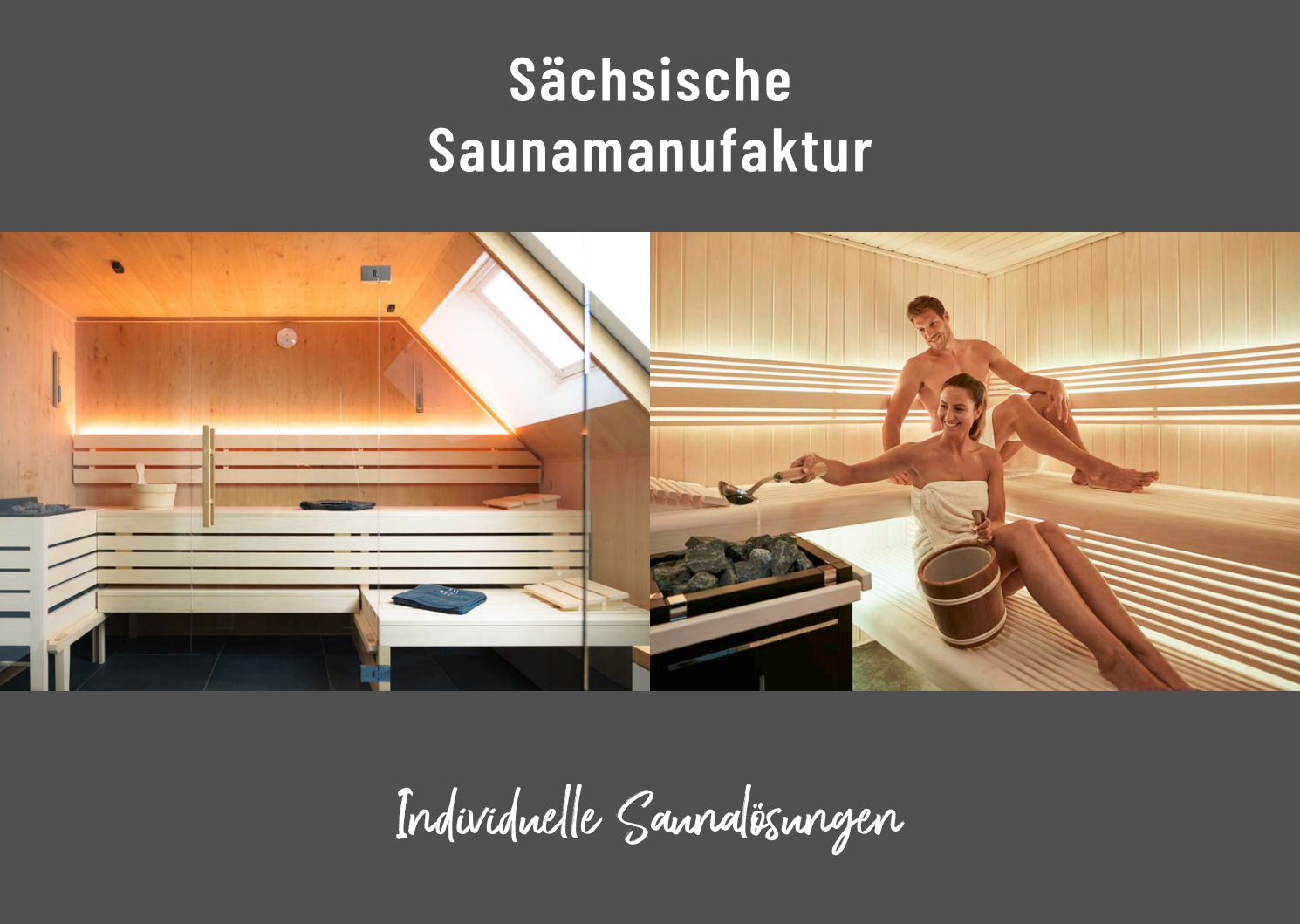 Ein Deckblatt mit dem Titel „Sächsische Saunamanufaktur in einer modern beleuchteten Holzsauna zeigt.