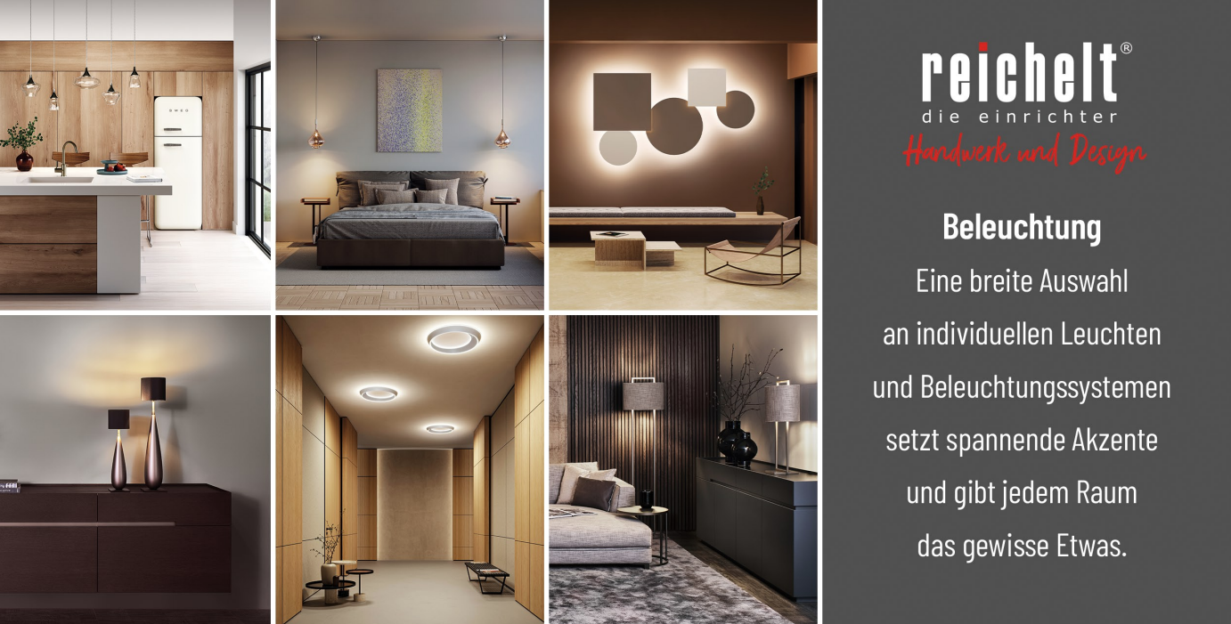 Werbeblatt der Firma Reichelt zum Thema Beleuchtung mit verschiedenen Beispielen für Decken- und Wandleuchten