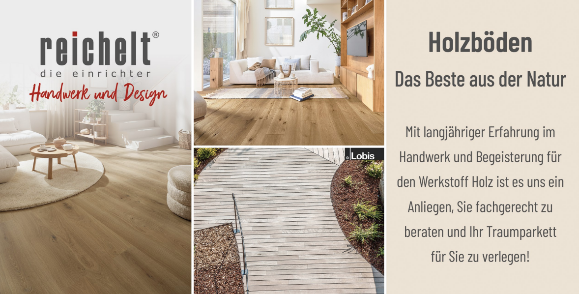 Eine Collage aus verschiedenen Parkett- und Dielenböden mit dem Titel „Holzböden – Das Beste aus der Natur“.