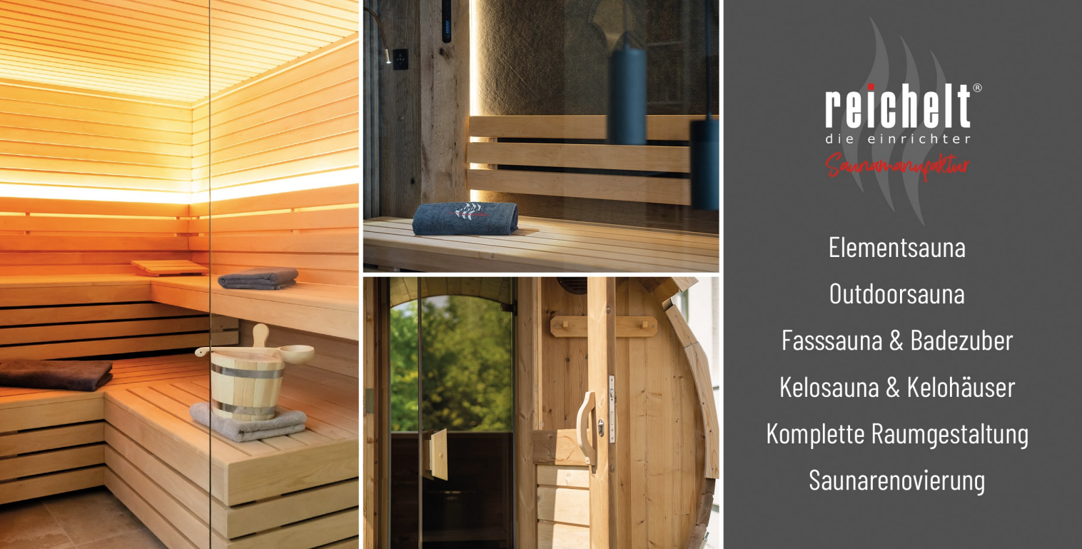 Detailreiche Darstellung von verschiedenen Saunatypen, inklusive Fasssauna und Innensauna mit modernem Zubehör.