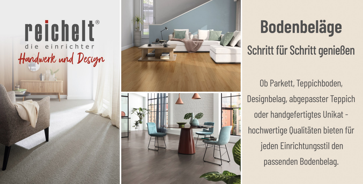 Informationsblatt über Bodenbeläge mit Anwendungsbeispielen für Parkett und Teppich sowie begleitendem Infotext.