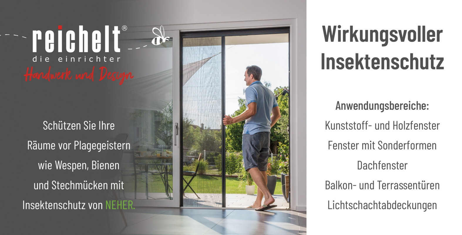 Werbeblatt für wirkungsvollen Insektenschutz, das einen Mann an einer geöffneten Terrassentür mit Fliegengitter zeigt.