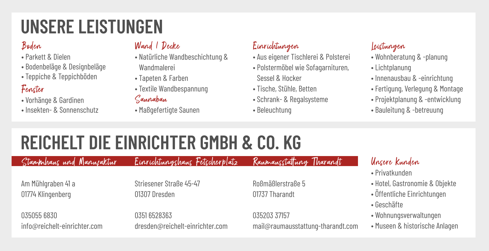 Ein tabellarisches Infoblatt der „Reichelt Die Einrichter GmbH & Co. KG“ mit einer Auflistung