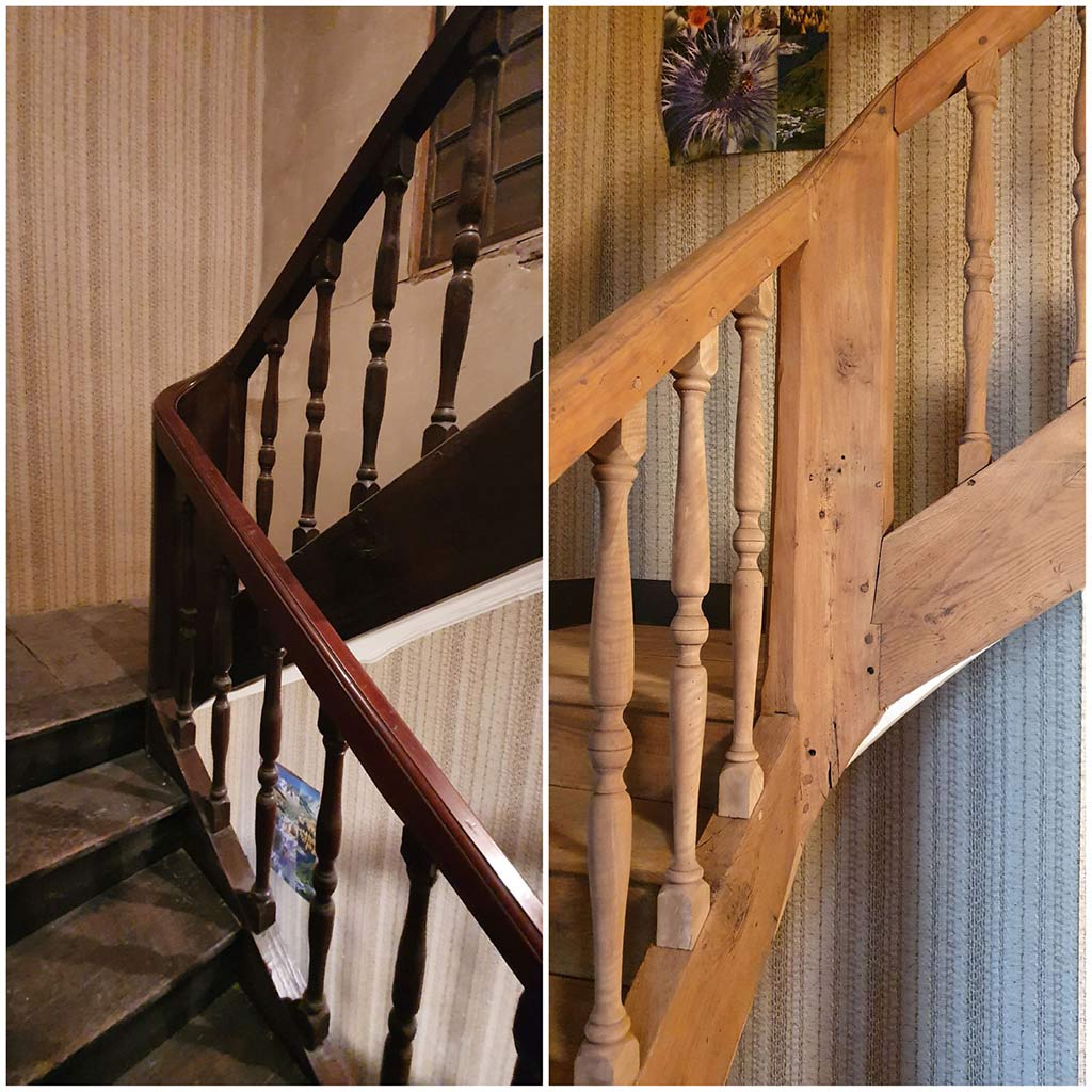 Avant-après de l'Aérogommage sur un escalier un bois