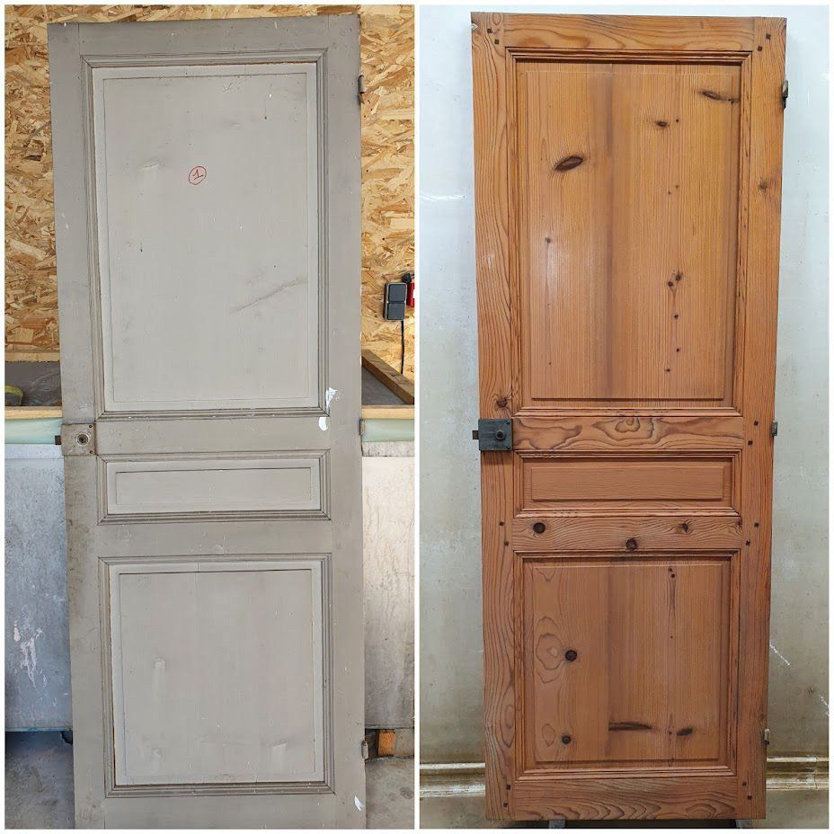 Avant-après de l'Aérogommage sur porte en bois