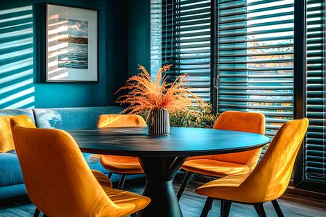 A living room with vertical blinds on the windows and a couch.