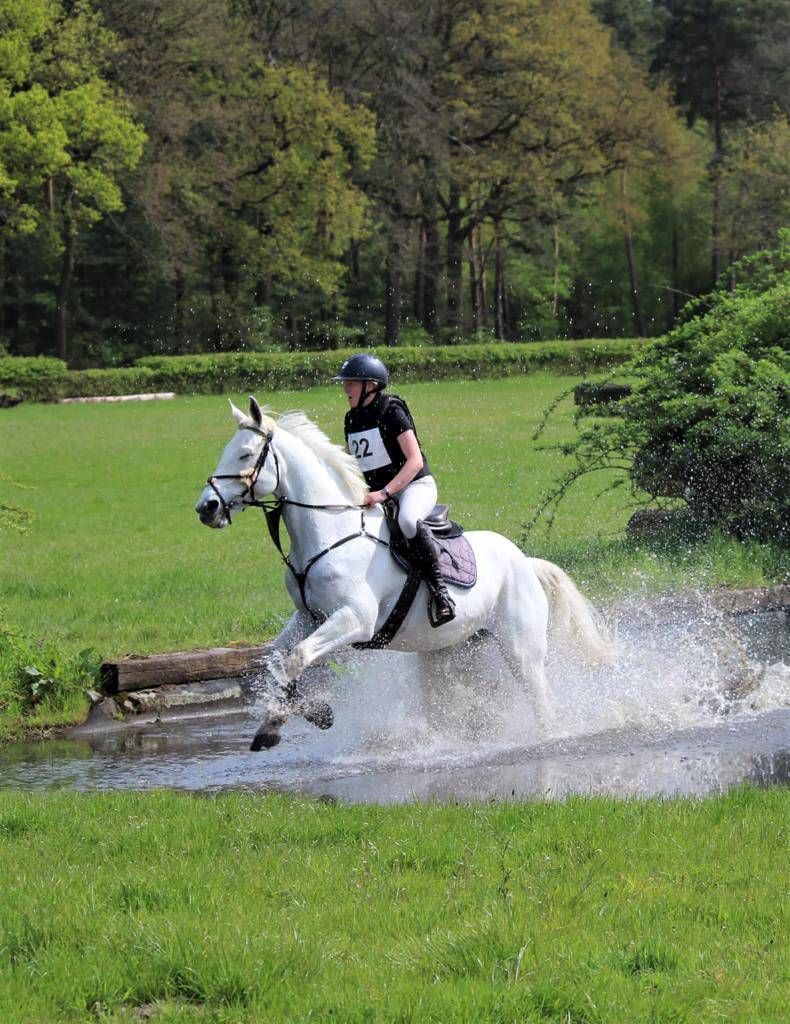 eine Frau reitet auf einem weißen Pferd und trägt die Nummer 22