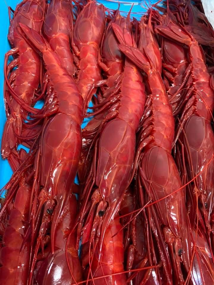 Un montón de camarones rojos sentados uno encima del otro sobre una superficie azul.