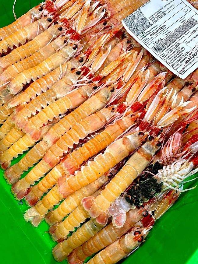 Un primer plano de una pila de camarones en un plato azul.