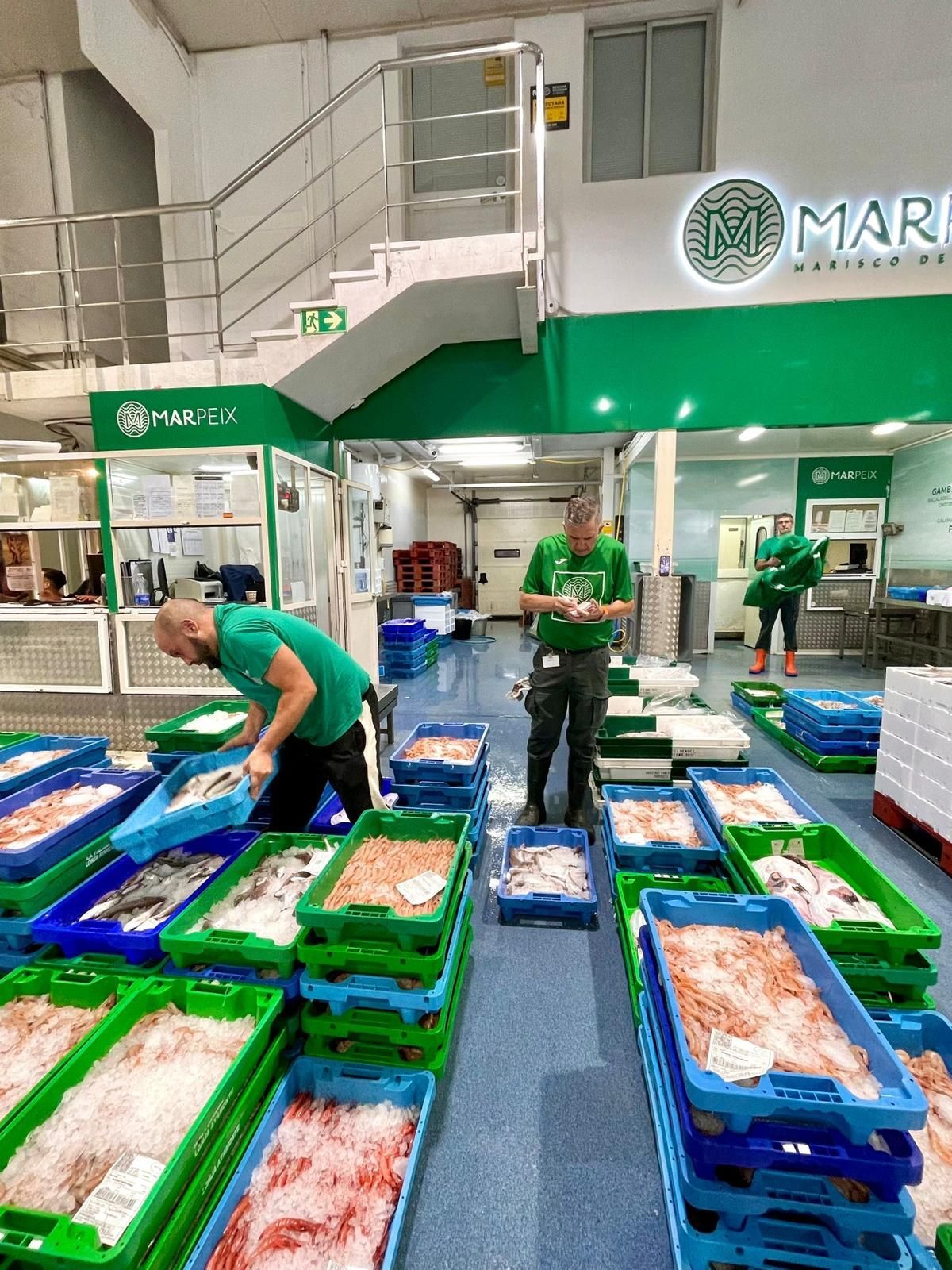 Una gran habitación llena de cajas y cajones de comida.