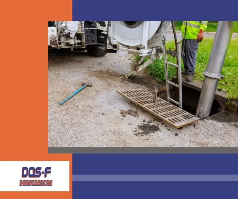 Un hombre está trabajando en un desagüe con un camión de vacío.