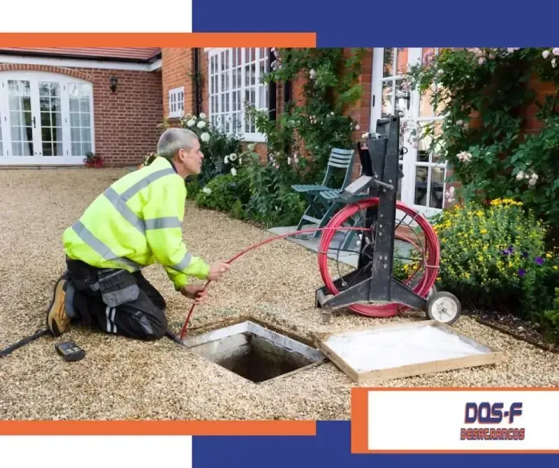 Un hombre está arrodillado frente a un desagüe con una manguera conectada a él.