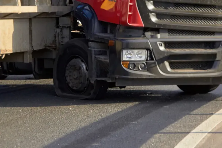 Neumático pinchado en un camión semirremolque rojo y negro en una carretera pavimentada.