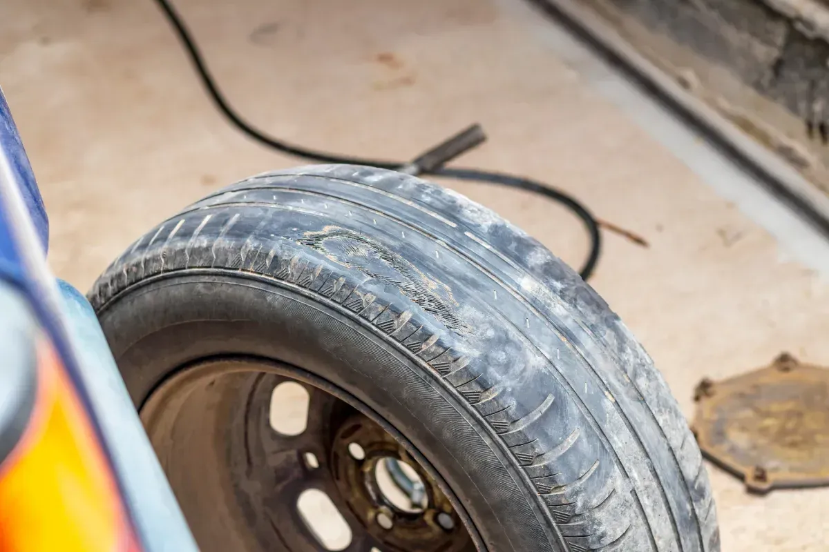 Furgoneta blanca con una pila de neumáticos negros delante, en el interior.