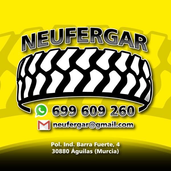 Logotipo para NEUFERGAR: un neumático con información de contacto: teléfono, email y dirección en Águilas, Murcia, España.